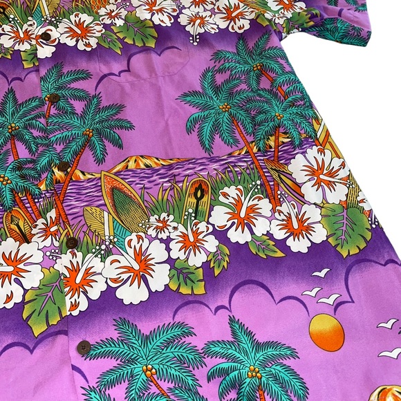 Lvish Hawaiian Print Button Down Shirt Men’s Sz 2XL Purple Teal Palm Trees Surf - Picture 4 of 7